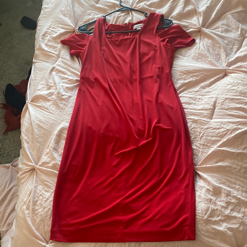 Red calvin klein peep shoulder dress
